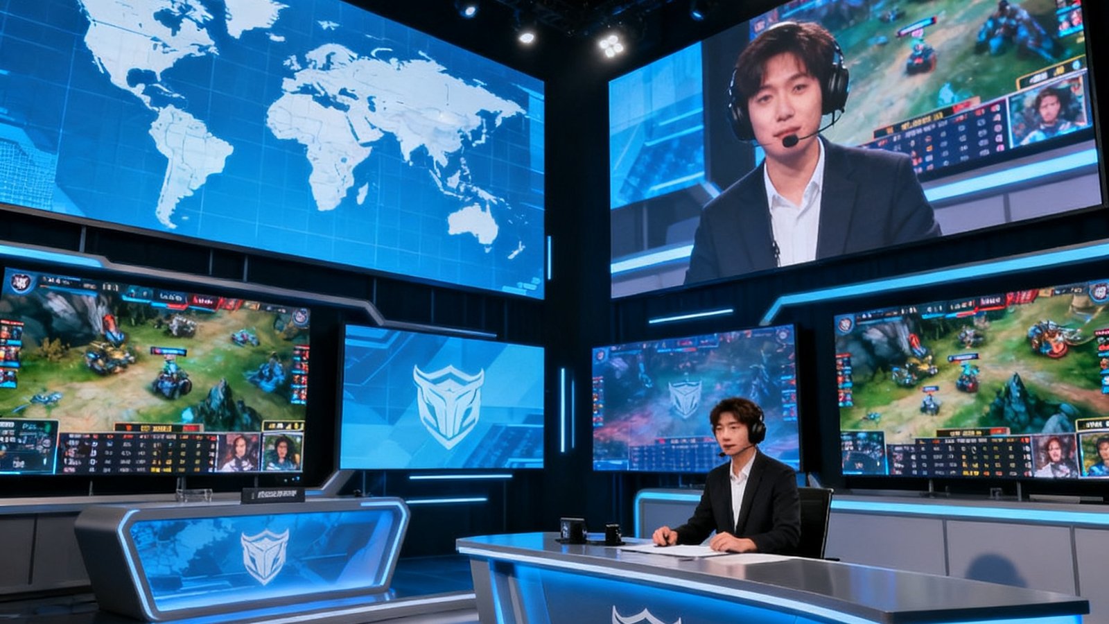V体育直播中心的高科技演播室，多块巨型LED屏幕环绕显示全球赛事实时画面，专业解说员正对镜头进行赛事分析