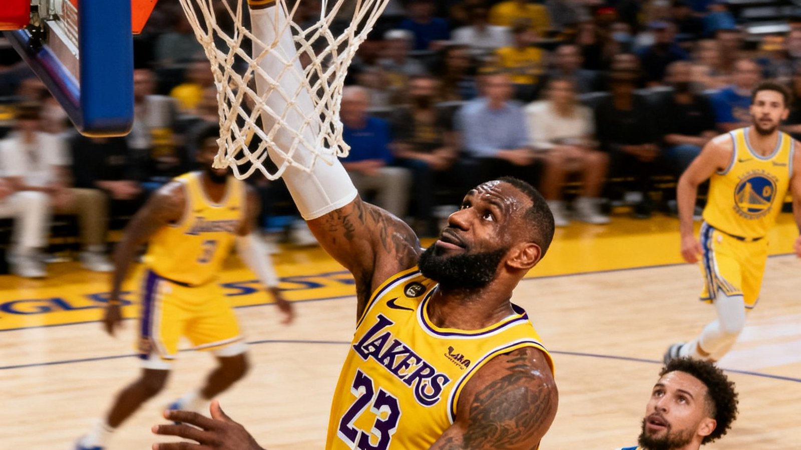 NBA湖人客场挑战勇士的比赛精彩镜头合集，詹姆斯快攻暴扣的震撼瞬间被高速摄影机捕捉